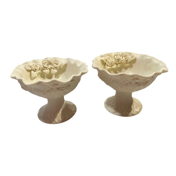 unbranded Other - 2 stemmed porcelain bowls carved roses, lattice pattern on stem, Ivory color 3"